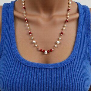 Firetruck ride. Dainty red/gold/Pearl bead linked choker